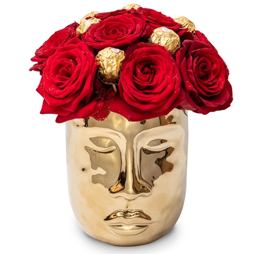 Short gold face with red roses